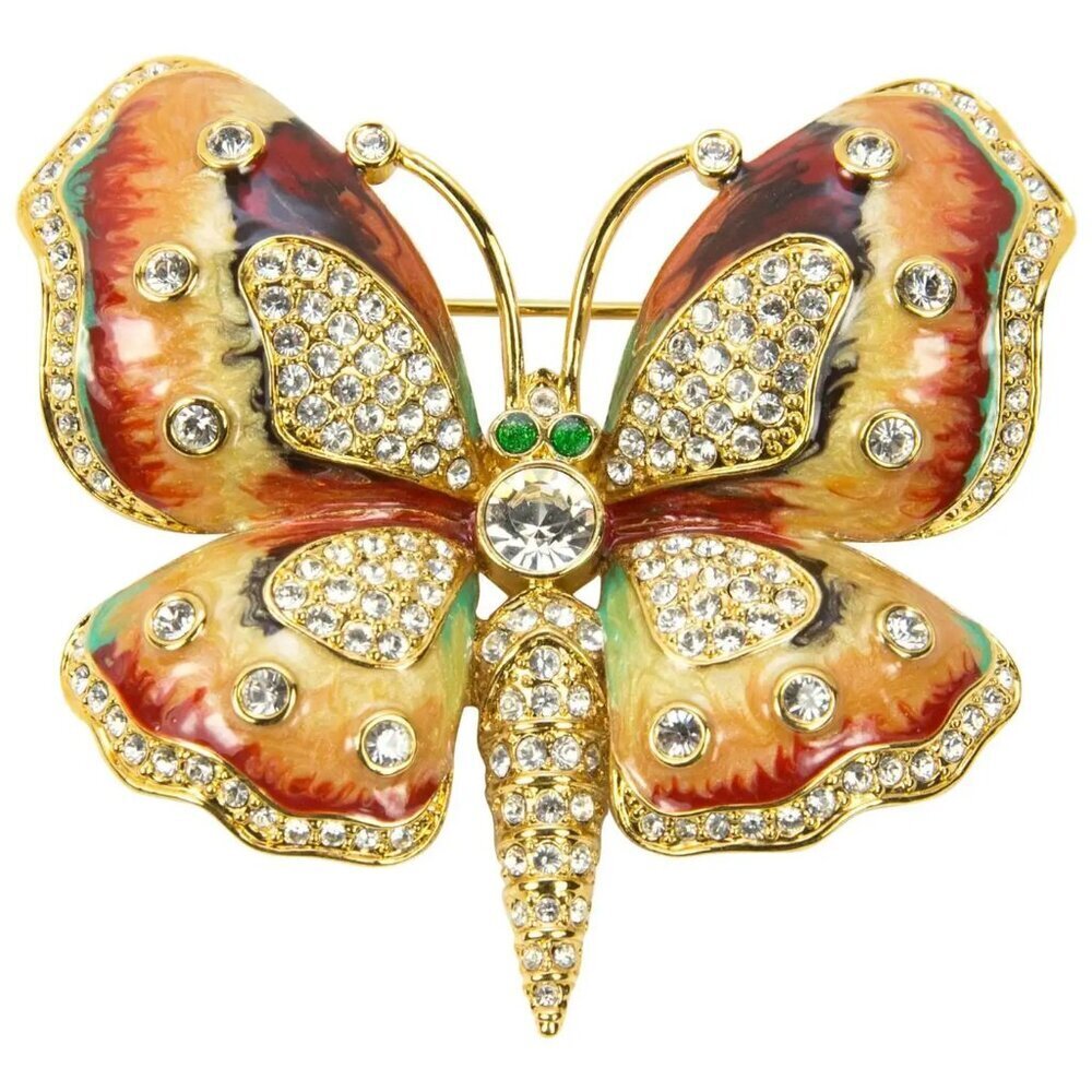 Signed Vintage Kenneth J Lane Gold Tone Enamel Crystal Butterfly Brooch‎